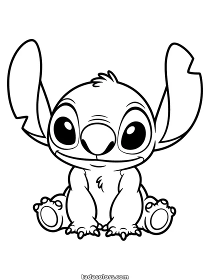 Baby Stitch coloring page: a small Stitch sitting on the floor with his ears up and his paws out