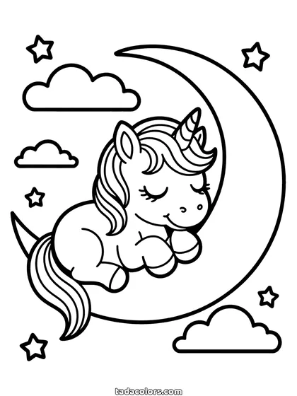 Baby unicorn coloring page: a baby unicorn curled up asleep on a crescent moon with its mane over the edge, clouds and stars around