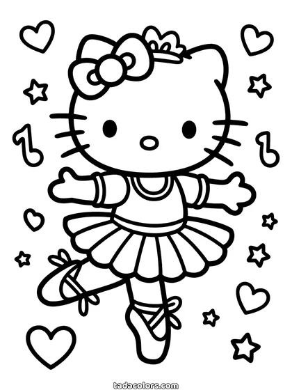 Ballerina Hello Kitty coloring page: Hello Kitty standing on tiptoe in a tutu and ballet shoes with hearts and stars around her