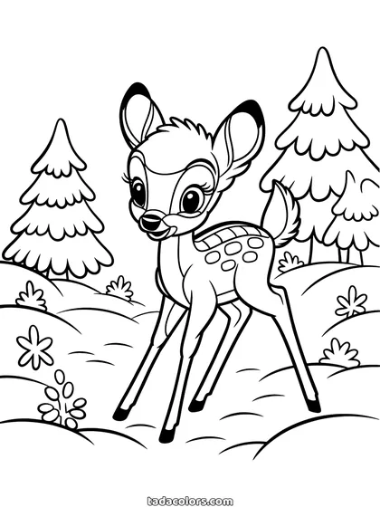 Bambi coloring page: a young spotted fawn standing among snow-covered pine trees with small flowers at his feet