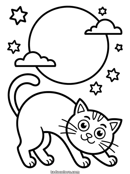 Black cat coloring page: a cat arching its back with its tail curled under a full moon, clouds and stars around
