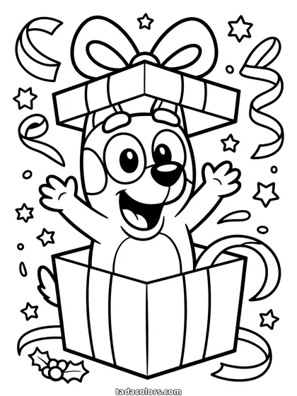 Bluey Christmas coloring page: Bluey jumping out of a striped gift box with the lid lifting off and confetti and stars around