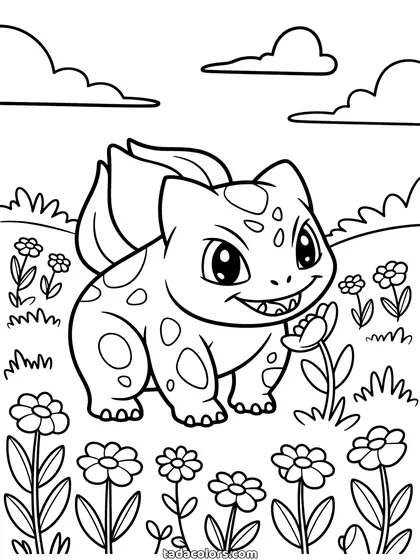 Bulbasaur coloring page: Bulbasaur standing in a meadow full of flowers with the bulb on its back, bushes and clouds behind