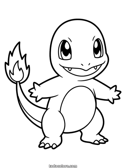 Charmander coloring page: Charmander standing with his arms out and the flame on the tip of his tail burning, nothing else on the page