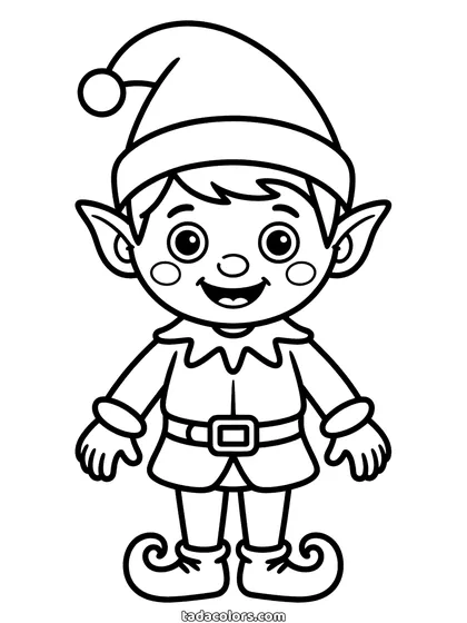 Christmas elf coloring page: a smiling elf in a pointy hat, a belted tunic and curled boots, standing with his hands on his hips