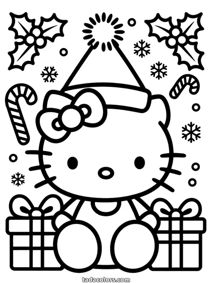 Christmas Hello Kitty coloring page: Hello Kitty in a Santa hat with wrapped presents, candy canes, holly and snowflakes