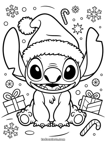 Christmas Stitch coloring page: Stitch wearing a Santa hat, sitting among wrapped presents, candy canes, baubles and falling snowflakes