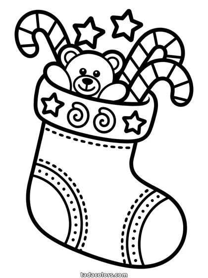 Christmas stocking coloring page: a patterned stocking with a fur cuff stuffed with a teddy bear, candy canes, a star and small gifts