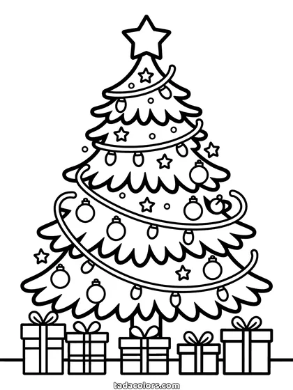 Christmas tree coloring page: a tall decorated tree hung with baubles, stars and garlands, a star on top and wrapped presents underneath