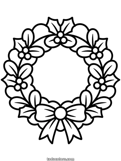 Christmas wreath coloring page: a ring of pointed holly leaves and clusters of berries with a wide ribbon bow tied at the bottom