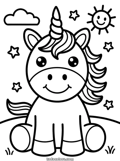 Easy unicorn coloring page: a unicorn sitting and facing you, drawn big with thick lines, with a cloud, a smiling sun and stars behind