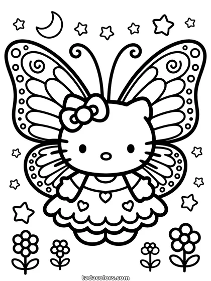 Fairy Hello Kitty coloring page: Hello Kitty with large patterned butterfly wings and a layered dress, stars and flowers around her