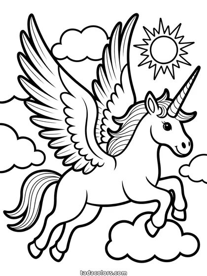 Flying unicorn coloring page: a winged unicorn galloping through the sky with its feathered wings spread wide, a sun above and clouds below