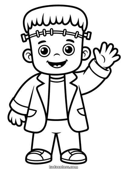 Frankenstein coloring page: a small friendly monster with a flat head, bolts in his neck and a jacket, waving hello