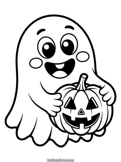 Friendly ghost coloring page: a smiling ghost with rosy cheeks holding a carved pumpkin in both hands