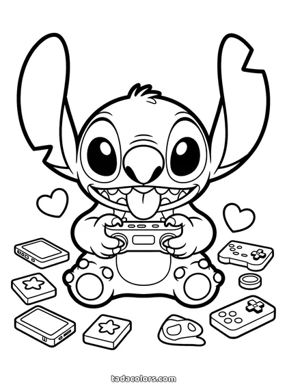 Gamer Stitch coloring page: Stitch holding a game controller in both paws, with handheld consoles, cartridges and hearts floating around him