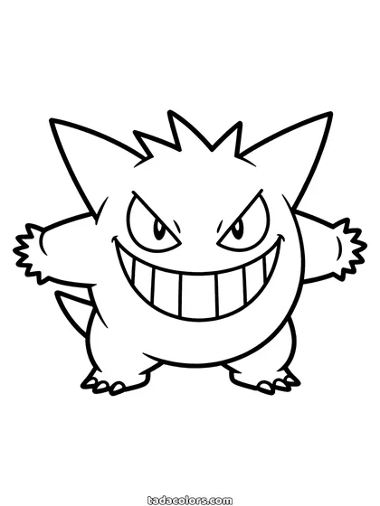 Dibujo de Gengar para colorear: Gengar de frente con los ojos entornados, una sonrisa llena de dientes y los brazos cortos abiertos