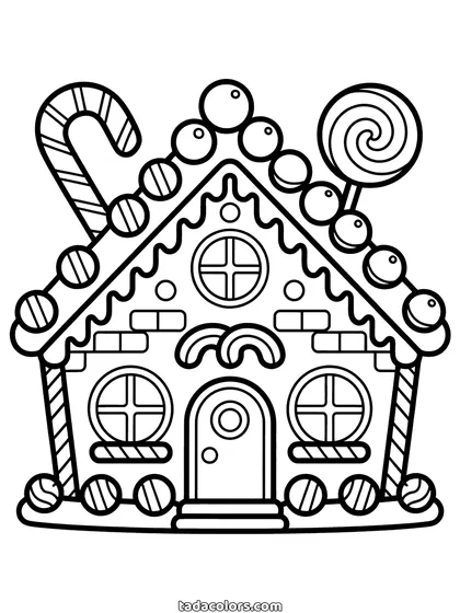 Gingerbread house coloring page: a gingerbread house with a tiled candy roof, round windows, lollipops and a candy cane beside the door