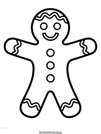 Dibujo del hombre de jengibre para colorear: una galleta de jengibre sonriente con tres botones redondos y glaseado en zigzag en muñecas y tobillos