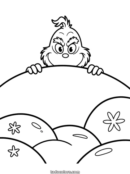 Grinch coloring page: the Grinch peering over the crest of a snowy hill with a scheming grin and snowflakes falling around
