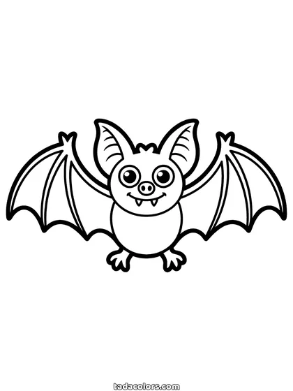 Dibujo de murciélago de Halloween para colorear: un murciélago pequeño de frente con las alas abiertas, ojos redondos grandes y dos colmillos