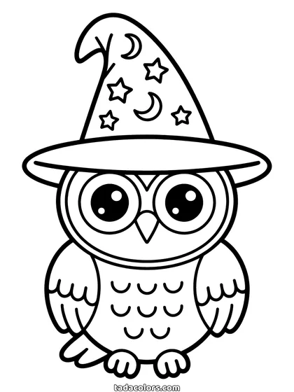 Halloween owl coloring page: a round owl wearing a pointed wizard hat covered in stars and moons, with big round eyes