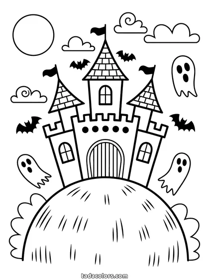 Haunted castle coloring page: a castle with pointed towers and flags standing on a hill with bats and ghosts around it under a full moon
