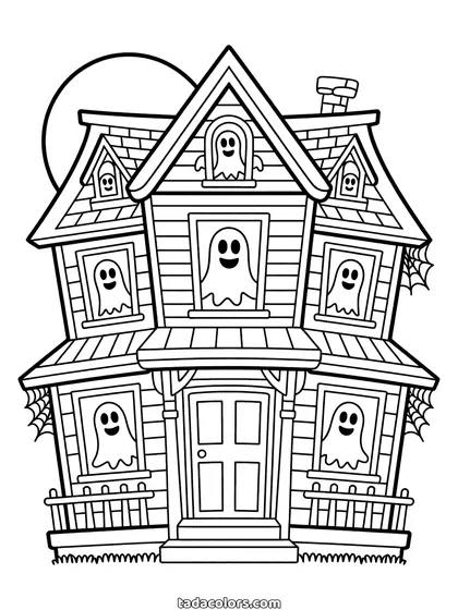 Haunted house coloring page: a tall old mansion with a ghost in every window, a full moon behind the roof and a fence in front