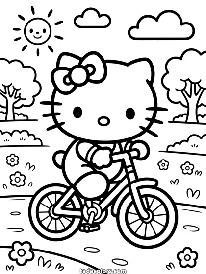 Hello Kitty bicycle coloring page: Hello Kitty riding a bicycle through a park with trees, flowers and clouds behind her