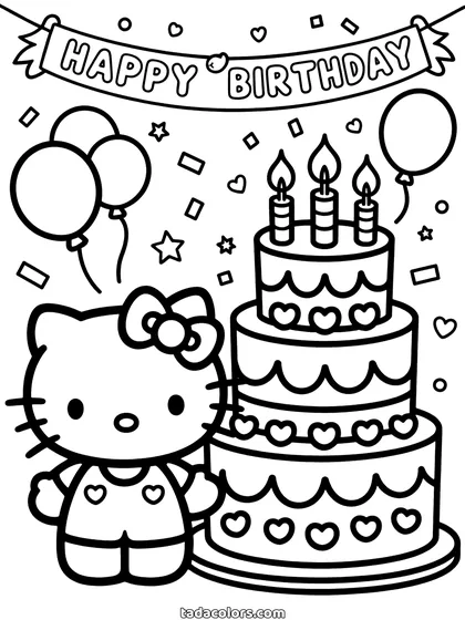 Hello Kitty birthday coloring page: Hello Kitty standing beside a three-tier cake with three candles, balloons and a Happy Birthday banner above