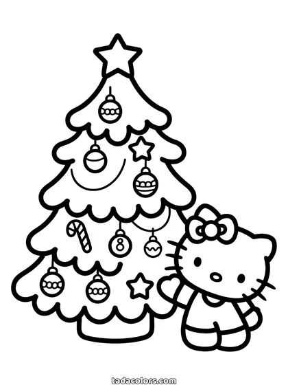 Hello Kitty Christmas coloring page: Hello Kitty standing beside a decorated tree hung with baubles, candy canes and a star on top