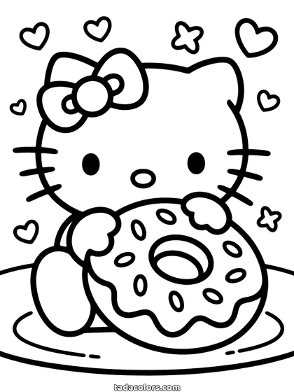 Hello Kitty donut coloring page: Hello Kitty holding a large frosted donut with sprinkles and a bite taken out of it