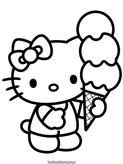 Hello Kitty ice cream coloring page: Hello Kitty holding a cone with two stacked scoops, drawn large with thick lines