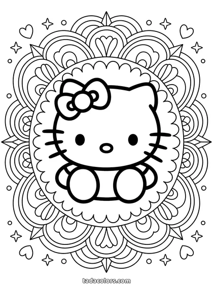 Hello Kitty mandala coloring page: Hello Kitty at the center of concentric rings of petals, hearts and scallops