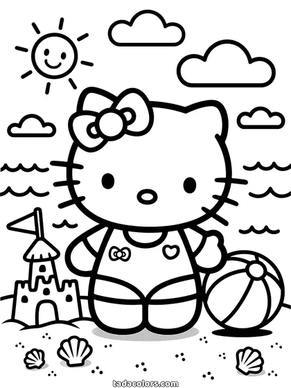 Summer Hello Kitty coloring page: Hello Kitty in a swimsuit sitting on the sand with a beach ball, a sandcastle and shells around her