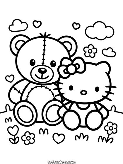 Hello Kitty coloring page: Hello Kitty sitting against a large stitched teddy bear with flowers and hearts around them