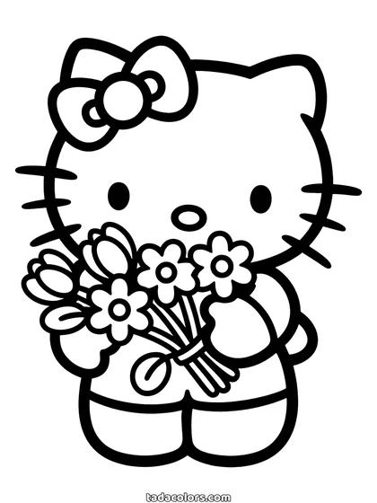 Hello Kitty coloring page: Hello Kitty holding a bunch of daisies in both paws, the petals and leaves drawn large