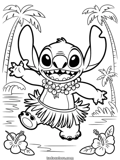 Hula Stitch coloring page: Stitch dancing in a grass skirt and a flower lei on the beach, with palm trees and hibiscus flowers around