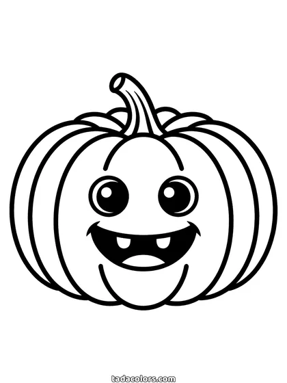 Dibujo de calabaza de Halloween para colorear: una calabaza tallada con dos ojos redondos, una sonrisa llena de dientes y el tallo rizado