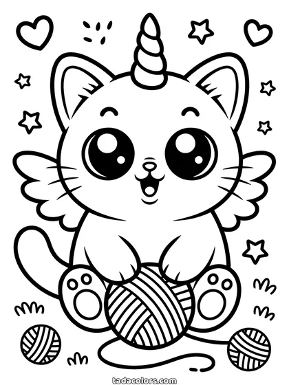 Kawaii unicorn cat coloring page: a kitten with a unicorn horn and small wings sitting with a ball of wool between its paws, hearts and stars around