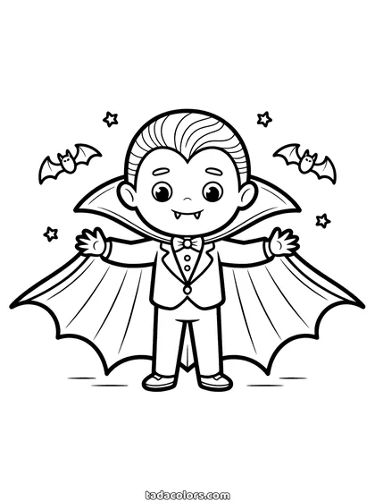 Vampire coloring page: a small vampire in a suit holding his cape wide open with fangs showing and bats flying around