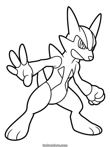 Lucario coloring page: Lucario braced in a fighting stance with one paw forward, spikes on his chest and the backs of his hands