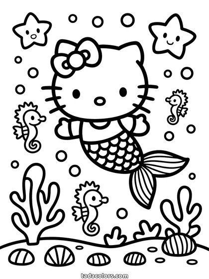 Mermaid Hello Kitty coloring page: Hello Kitty with a mermaid tail swimming among seahorses, starfish, coral and shells