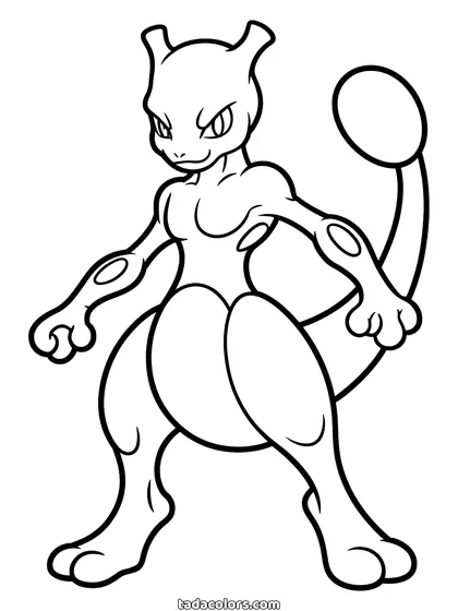Mewtwo coloring page: Mewtwo standing tall with his long tail curled behind him and his arms set in a strong pose