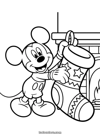 Mickey Mouse Christmas coloring page: Mickey reaching up to hang a patterned stocking on the mantelpiece