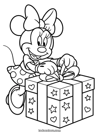 Minnie Mouse Christmas coloring page: Minnie tying a large bow on a present covered in stars and hearts, her own bow on her ears