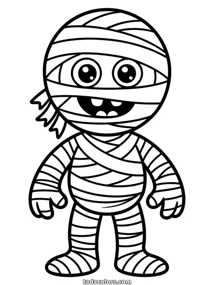 Mummy coloring page: a friendly mummy wrapped head to toe in loose bandages with one eye peeking through and strips trailing