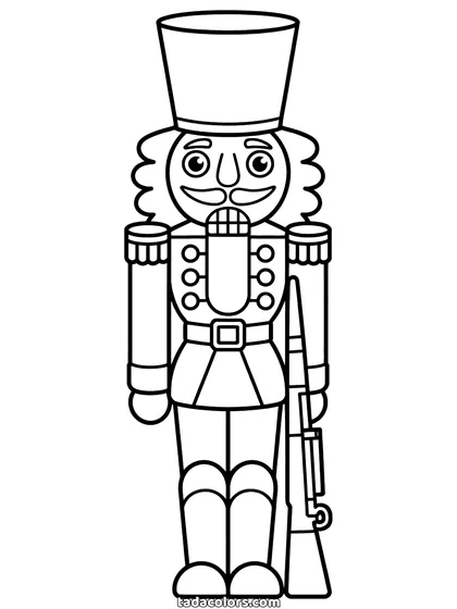Nutcracker coloring page: a wooden nutcracker soldier standing to attention in a tall hat, with braid, brass buttons and a sabre