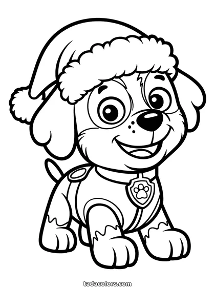Paw Patrol Christmas coloring page: a smiling puppy wearing a Santa hat, with a collar and a round paw badge