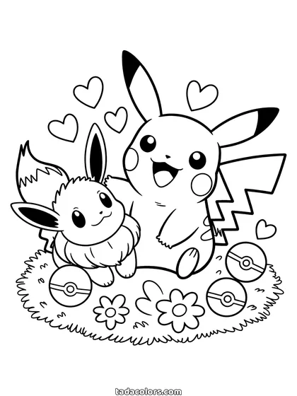 Pikachu and Eevee coloring page: Pikachu and Eevee sitting together in the grass with Poké Balls, flowers and hearts around them